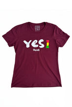 Load image into Gallery viewer, Cooyah Jamaica women&#39;s burgundy  t-shirt with Yes I graphic screen printed in reggae colors.  Jamaican clothing brand

