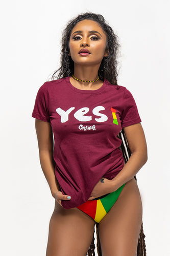 Cooyah Jamaica women's burgundy t-shirt with Yes I graphic screen printed in reggae colors. Jamaican clothing brand