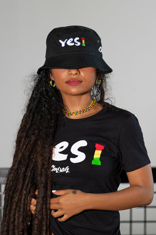 COOYAH Jamaica. Yes I embroidered Bucket Hat and graphic tees.  Reggae streetwear clothing.  Jamaican brand.