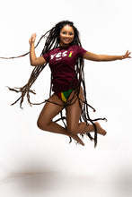 Load image into Gallery viewer, Cooyah Jamaica women&#39;s burgundy t-shirt with Yes I graphic screen printed in reggae colors. Jamaican clothing brand

