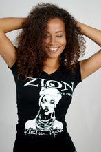 Load image into Gallery viewer, Cooyah x reggae artist, Kristine Alicia collaboration.  Women&#39;s v-neck, empress tee with Zion print.  Short sleeve graphic tee.  Jamaican clothing brand since 1987.
