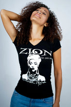 Load image into Gallery viewer, Cooyah x reggae artist, Kristine Alicia collaboration. Women&#39;s v-neck, empress tee with Zion print. Short sleeve graphic tee. Jamaican clothing brand since 1987.
