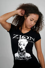Load image into Gallery viewer, Cooyah x reggae artist, Kristine Alicia collaboration. Women&#39;s v-neck, empress tee with Zion print. Short sleeve graphic tee. Jamaican clothing brand since 1987.
