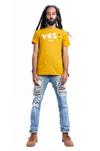 Load image into Gallery viewer, Cooyah Jamaica. Men&#39;s short sleeve tee with Yes I graphic. Mustard Yellow t-shirt screen printed in rasta colors. Reggae style. Jamaican clothing band. IRIE
