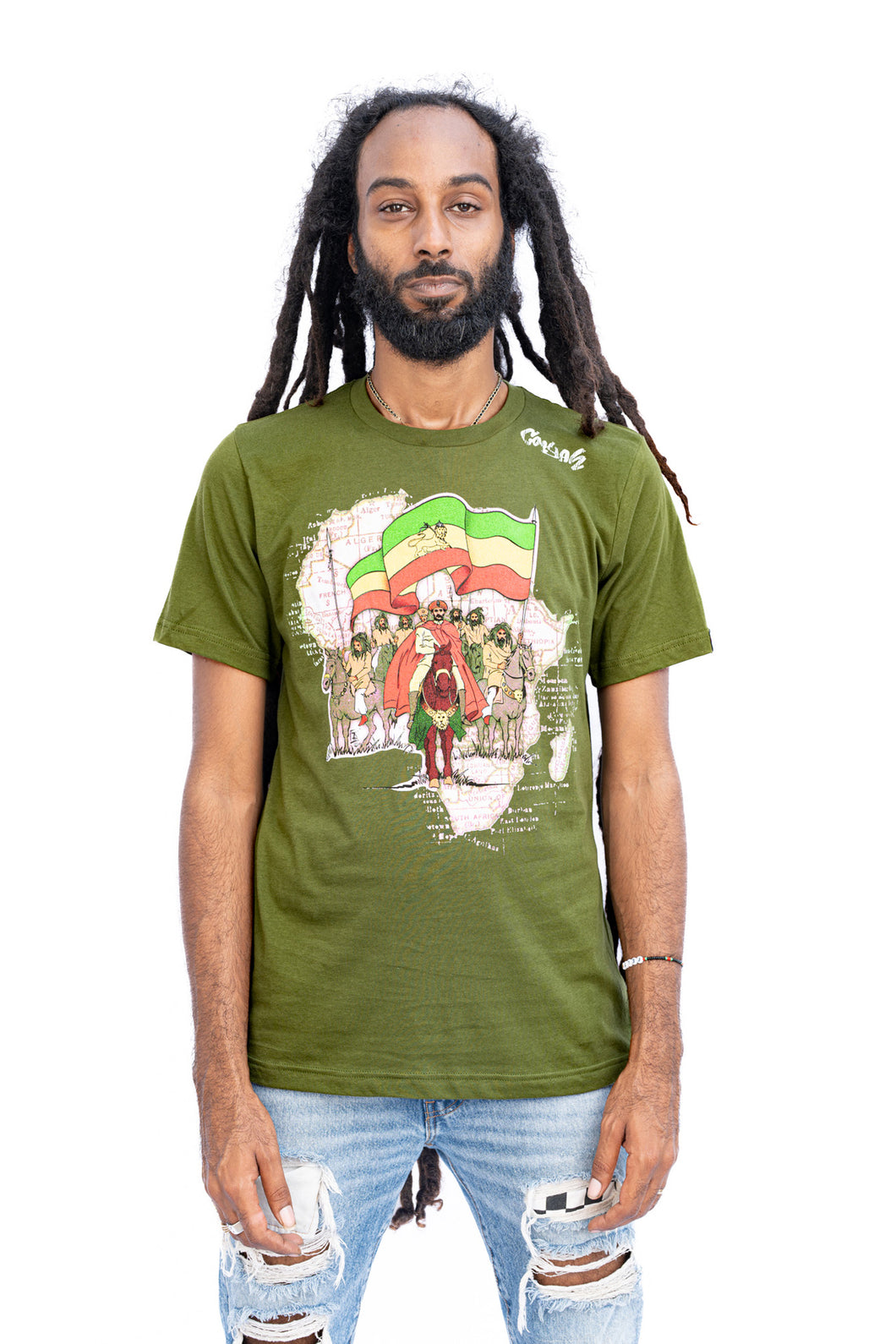 Cooyah Jamaica, Vintage men's short sleeve graphic tee with Haile Selassie graphic and Ethiopian Flag design in olive geen. Jamaican streetwear clothing. Rasta