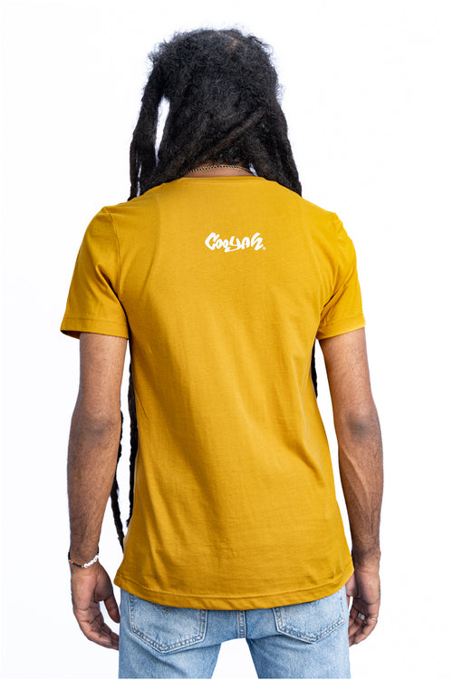 Men's mustard yellow cotton graphic tee.  Cooyah