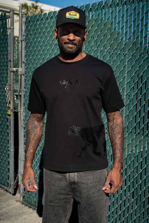 Cooyah Black Label black on black t-shirt with tonal panther print and signature logo on premium ringspun cotton