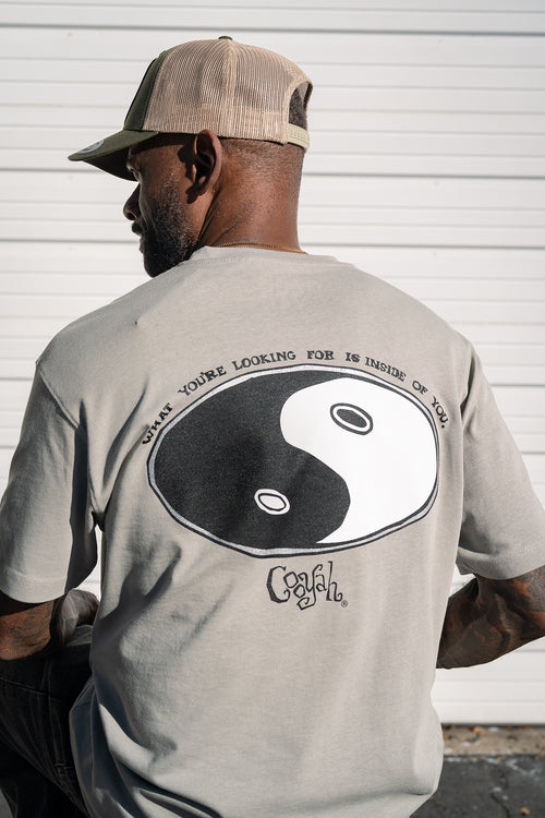 Back view of Cooyah Yin Yang graphic tee featuring a vintage hand-drawn design, screen printed on heavyweight 100% ringspun cotton with a relaxed boxy fit.
