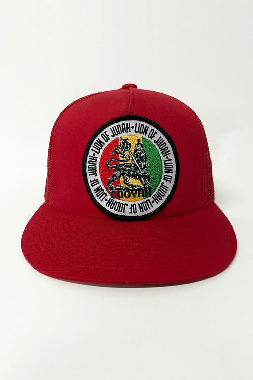 Cooyah Jamaica. Lion of Judah trucker hats in red. We are a Jamaican streetwear clothing brand established in 1987.