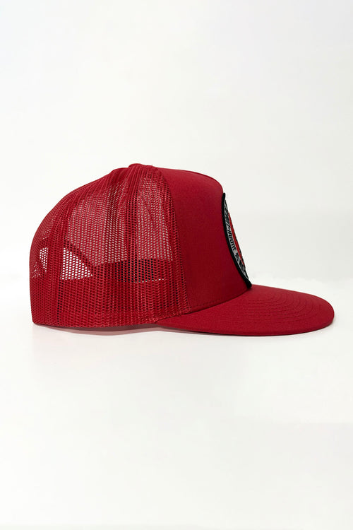 Men's red trucker hat.