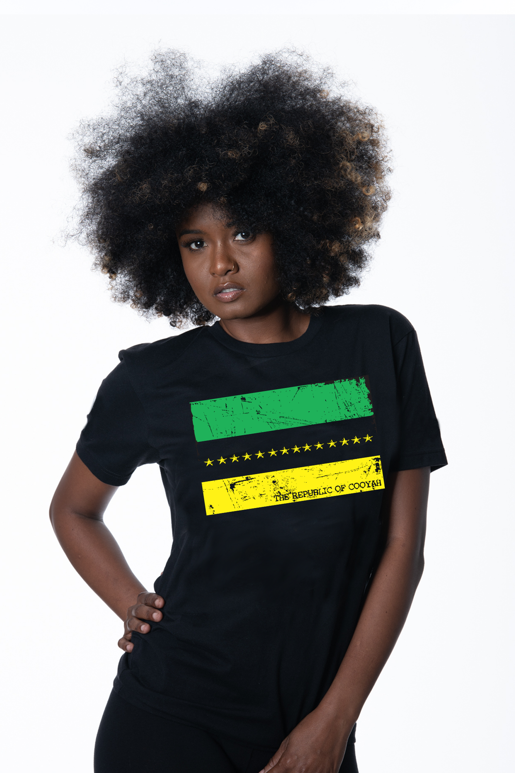 Cooyah Jamaica.  Women's Reggae Republic graphc tee.  Short sleeve, ringspun cotton.  Jamaican clothing brand.  IRIE