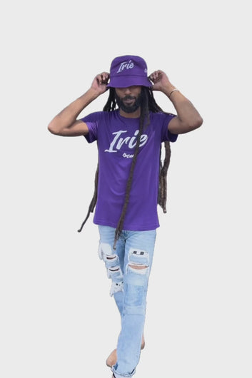 Cooyah Jamaica.  Men's Irie Yard short sleeve graphic tee and reggae bucket hat in purple.  Jamaican owned clothing brand since 1987.  