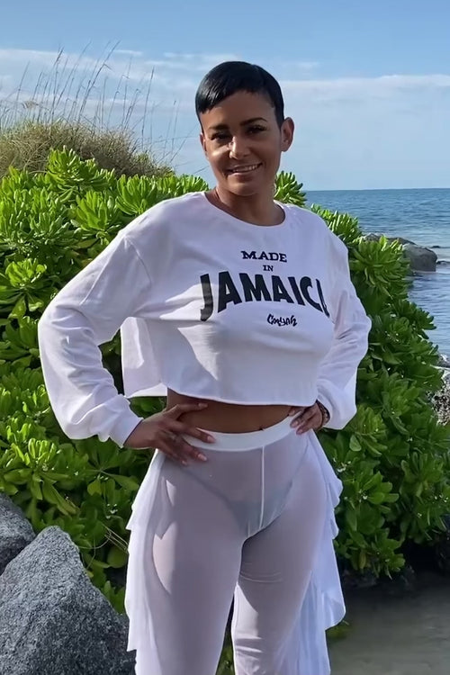 Cooyah Clothing.  Women's Made In Jamaica long sleeve graphic tee.   We are a Jamaican owned beachwear brand since 1987.  IRIE