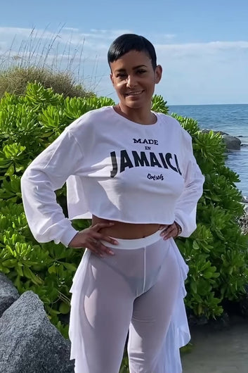 Cooyah Clothing.  Women's Made In Jamaica long sleeve graphic tee.   We are a Jamaican owned beachwear brand since 1987.  IRIE