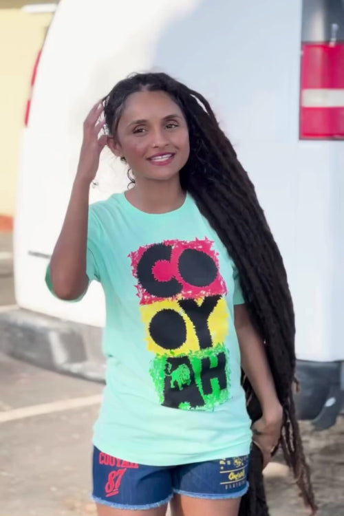 Cooyah Clothing women's graphic Tee Shirt, Ring Spun, Crew Neck in reggae colors. Jamaican clothing brand.