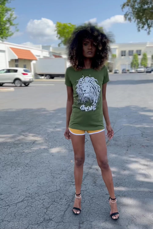 Cooyah - Women's Olive green rasta lion shirt and mustard yellow shorts.