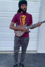 Load and play video in Gallery viewer, Cooyah Jamaica. Reggae your world with the men&#39;s Vintage Guitar graphic tee in burdundy. Jamaican clothing brand since 1987. IRIE
