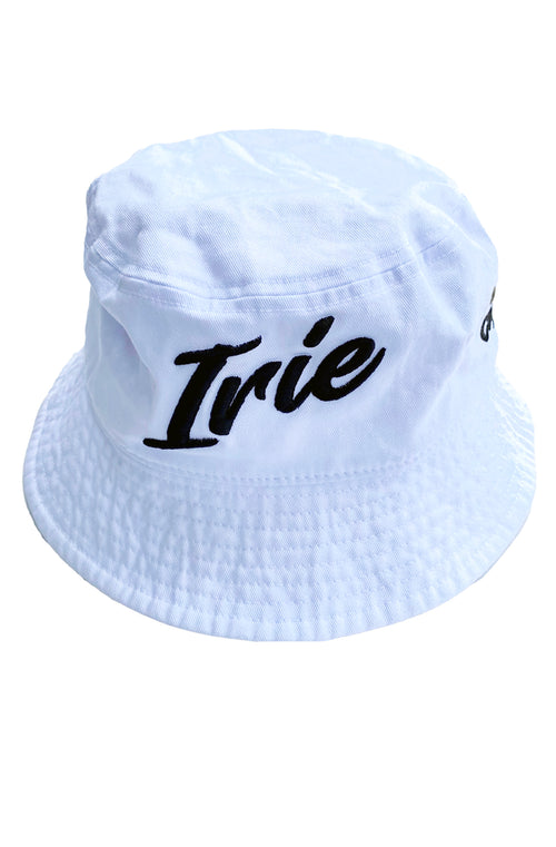 Cooyah Jamaica. Irie Embroidered cotton Bucket hat in white Jamaican clothing brand.  Reggae style fashion accessories.