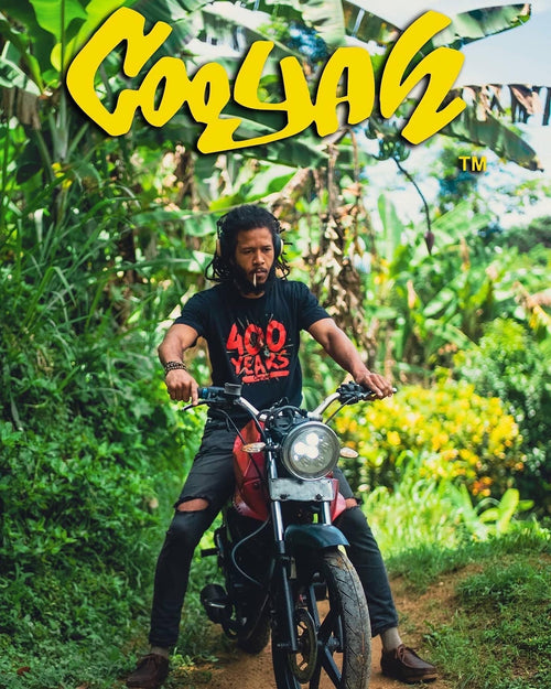 Cooyah Jamaica. Men's black graphic tee with 400 Years graphic. Soft, ringspun cotton, crew neck. Jamaican clothing brand.