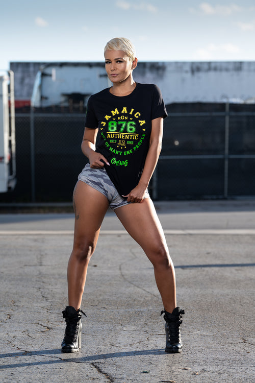 Cooyah Clothing. Women's Jamaica Area Code 876 graphic tee. Ringspun cotton, short sleeve, Jamaican clothing brand since 1987.