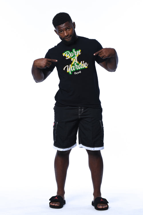 Cooyah Jamaica.  Men's graphic tee with Born a Yardie design on the front.  We are a Jamaican owned clothing brand since 1987.