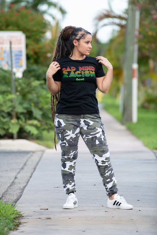 Cooyah Reggae Badmind Racism Graphic Women's T-shirt. Screen printed in rasta colors on a black tee.