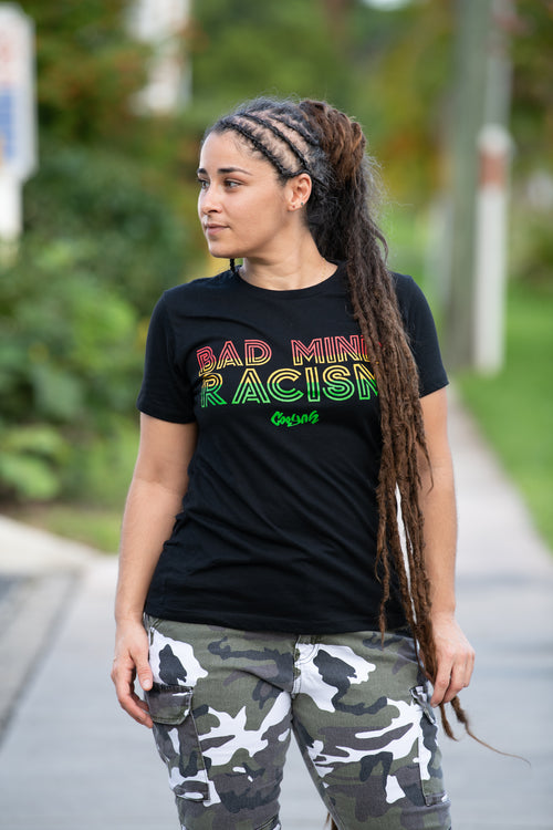 Cooyah Reggae Badmind Racism Graphic Women's T-shirt. Screen printed in Ethiopian colors on a black tee.