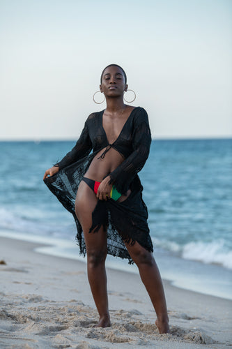 Cooyah Jamaica cotton crochet beach cover up with Kimono sleeves in black.  Beachwear