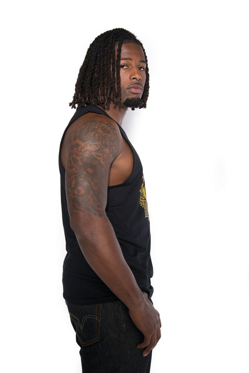 Cooyah Clothing - black men's lion tank top with gold print.