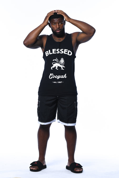 Cooyah Jamaica.  Mens tank top with Blessed Lion of Judah graphic.  We are a Jamaican owned clothing brand established in 1987.  IRIE