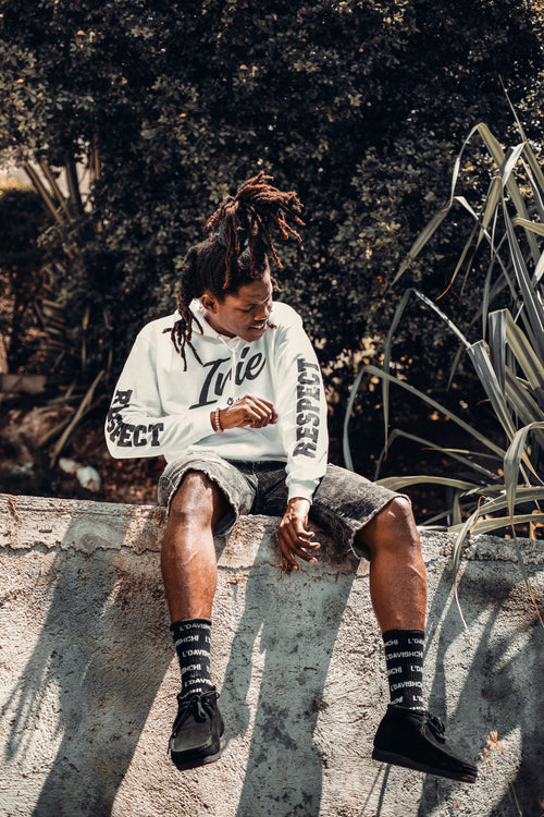 COOYAH JAMAICA - MEN'S WHITE IRIE YARDIE PULLOVER HOODIE WITH REGGAE-STYLE PRINT.  WE ARE A JAMAICAN OWNED CLOTHING BRAND ESTABLISHED IN 1987.