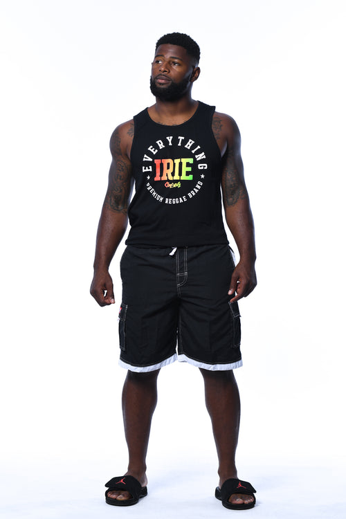 Cooyah Jamaica. Everything Irie men's black tank top with reggae graphics. Jamaican streetwear clothing.