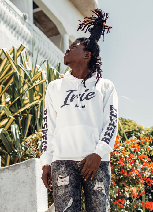 COOYAH JAMAICA - MEN'S WHITE IRIE YARDIE PULLOVER HOODIE WITH REGGAE-STYLE PRINT.  WE ARE A JAMAICAN OWNED CLOTHING BRAND ESTABLISHED IN 1987.