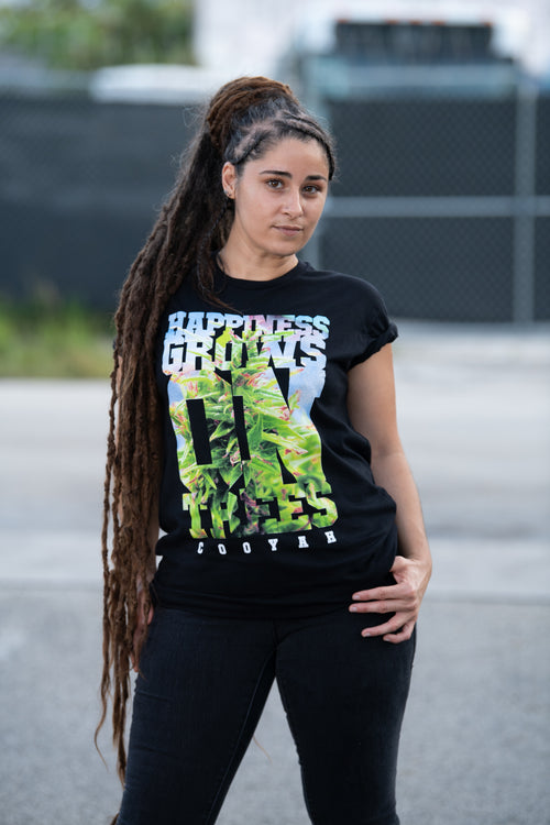 Cooyah Jamaica. Happiness Grows on Trees Cannabis Tee. Women's short sleeve t-shirt. Jamaican streetwear clothing.