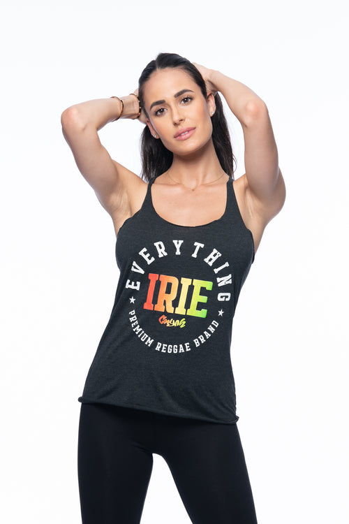 Cooyah Jamaica Everything Irie racerback tank top screen printed with reggae colors. Jamaican beachwear clothing brand.