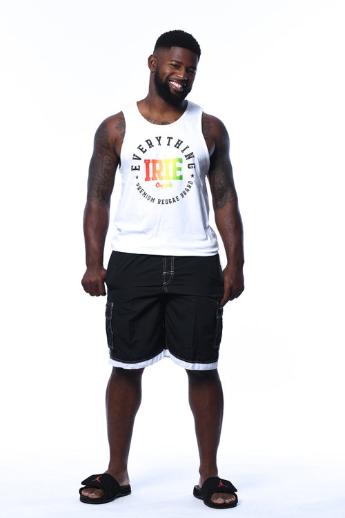 Cooyah Jamaica. Everything Irie men's white tank top with reggae graphics. Jamaican streetwear clothing since 1987.