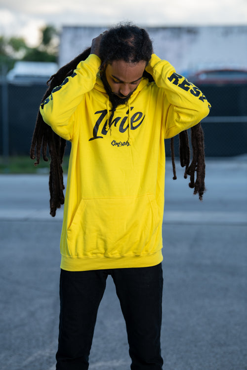 COOYAH JAMAICA - MEN'S YELLOW IRIE YARD PULLOVER HOODIE.  REGGAE STYLE DESIGN.  WE ARE A JAMAICAN OWNED CLOTHING BRAND ESTABLISHED IN 1987. 