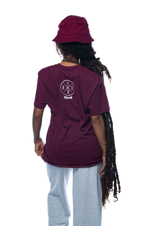 COOYAH JAMAICA - WOMEN'S IRIE YARDIE GRAPHIC TEES AND BUCKET HATS IN MAROON.  WE ARE A JAMAICAN OWNED REGGAE CLOTHING BRAND ESTABLISHED IN 1987.  ONE LOVE.