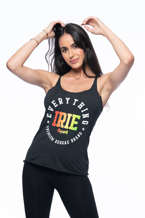 Cooyah Jamaica Everything Irie women's racerback tank top screen printed with reggae colors.  Jamaican beachwear clothing brand established in 1987.