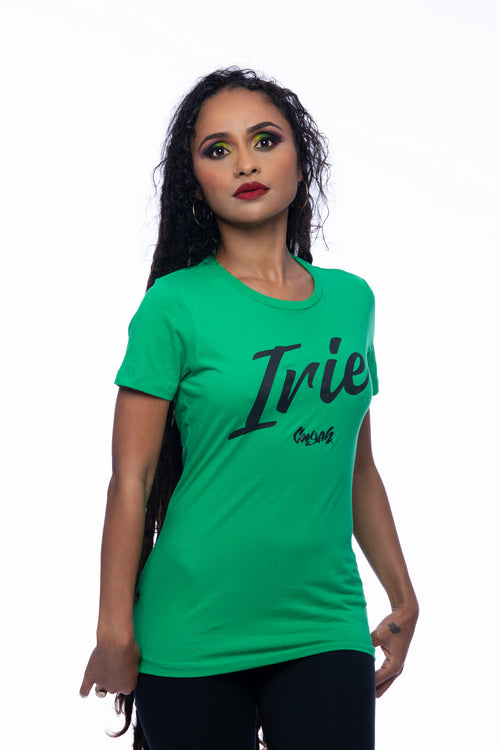 COOYAH JAMAICA - WOMEN'S GREEN IRIE YARDIE GRAPHIC TEE.  RINGSPUN COTTON, SHORT SLEEVE, SCREEN PRINT.  WE ARE A JAMAICAN OWNED REGGAE CLOTHING BRAND ESTABLISHED IN 1987.  ONE LOVE.