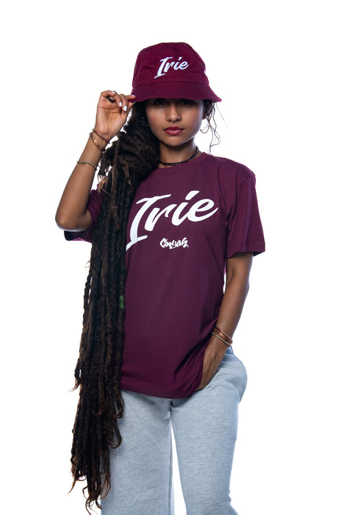 COOYAH JAMAICA - WOMEN'S MAROON IRIE YARDIE GRAPHIC TEE AND BUCKET HAT.  REGGAE SYLE.