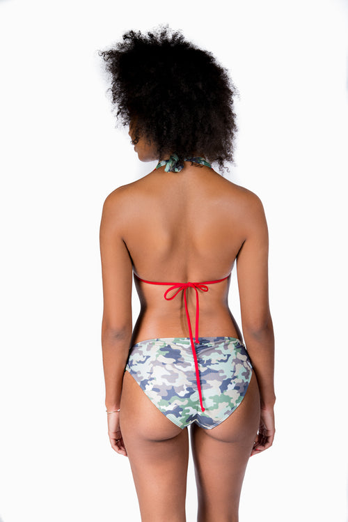 Cooyah Jamaica. Women's 2 piece bikini set in camouflage with reggae colors. Jamaican beachwear clothing brand.