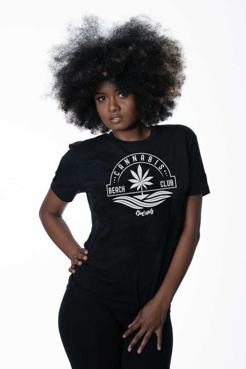 Cooyah.  Cannabis Beach Club women's graphic tee.  Jamaican clothing since 1987.  