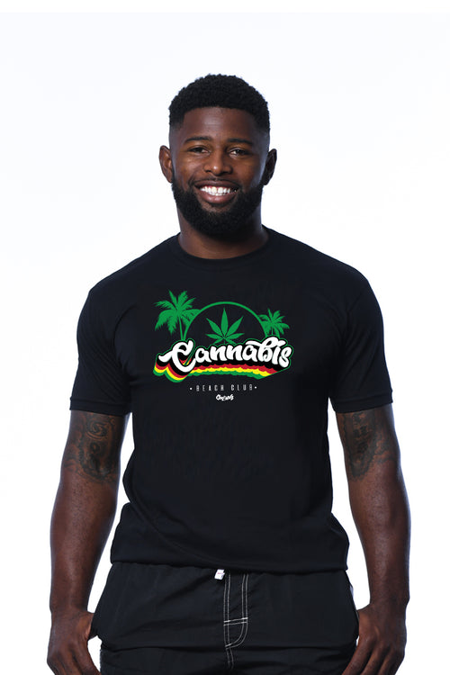 Cooyah Clothing Cannabis Beach Club men's kush t-shirt in black.  Short sleeve, crew neck, ringspun cotton.  Jamaican streetwear clothing.