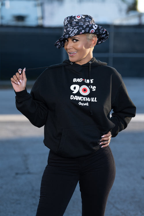 Cooyah Clothing.  Bad Like 90s Dancehall hoodie.  Jamaican streetwear style in black with a red and white screen print. 