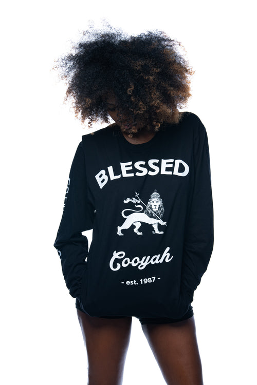 Cooyah Jamaica Blessed long sleeve Women's black Tee Shirt with Rasta Lion of Judah screen print,w Ring Spun, Crew Neck, Street Wear Reggae Style, IRIE