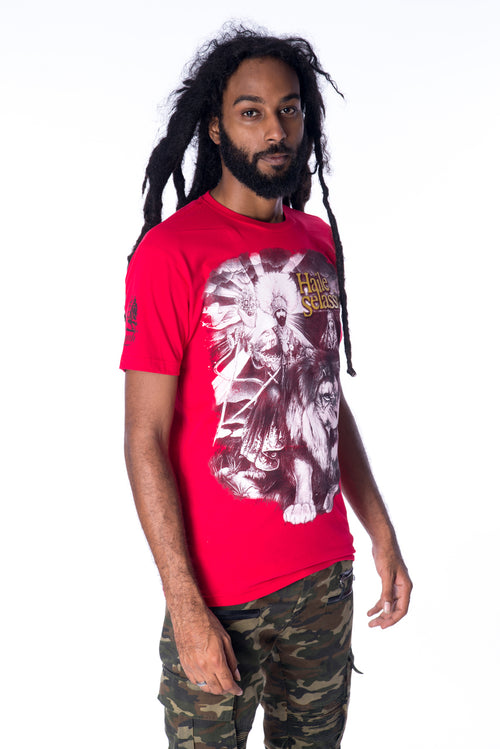 Cooyah Clothing. Haile Selassie King Rastafari men's graphic tee in red. Short sleeve, crew neck, screen printed on 100% ringspun cotton. Jamaican menswear. Rasta