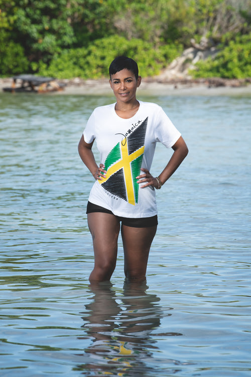 Cooyah Jamaica. Women's Jamaican Flag pennant Tee in white. Crew neck, ringspun cotton, reggae style apparel. IRIE