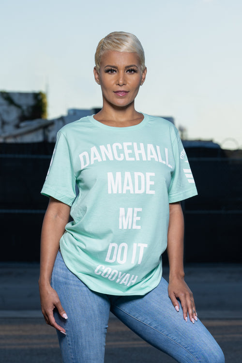 Cooyah Jamaica boyfriend fit short sleeve tee with Dancehall Made Me Do It graphic in mint green.  As a Jamaican owned clothing brand since 1987, we take pride in bringing you this classic piece. 