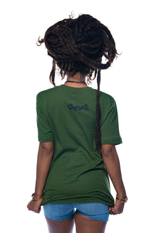 Cooyah Women's Classic Reggae Graphic Tees.  Short sleeve, olive green, soft, ringspun cotton, screen printed at Cooyah Studio.  As a Jamaican owned clothing brand since 1987, we take pride in bringing you this classic piece. Don't wait, get yours now!